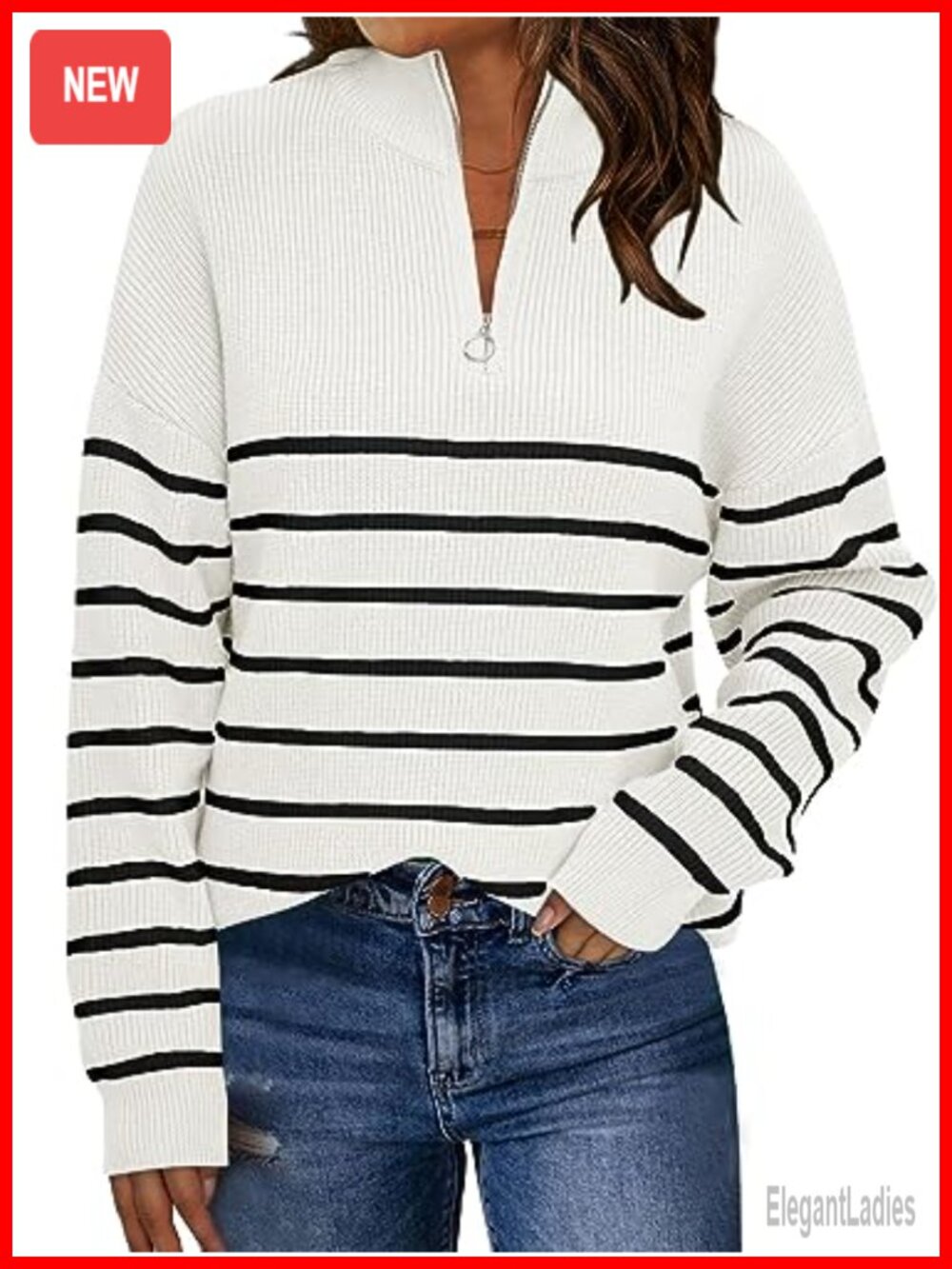 Oversized Quarter Zip Striped Sweater Long Sleeve Knit Pullover